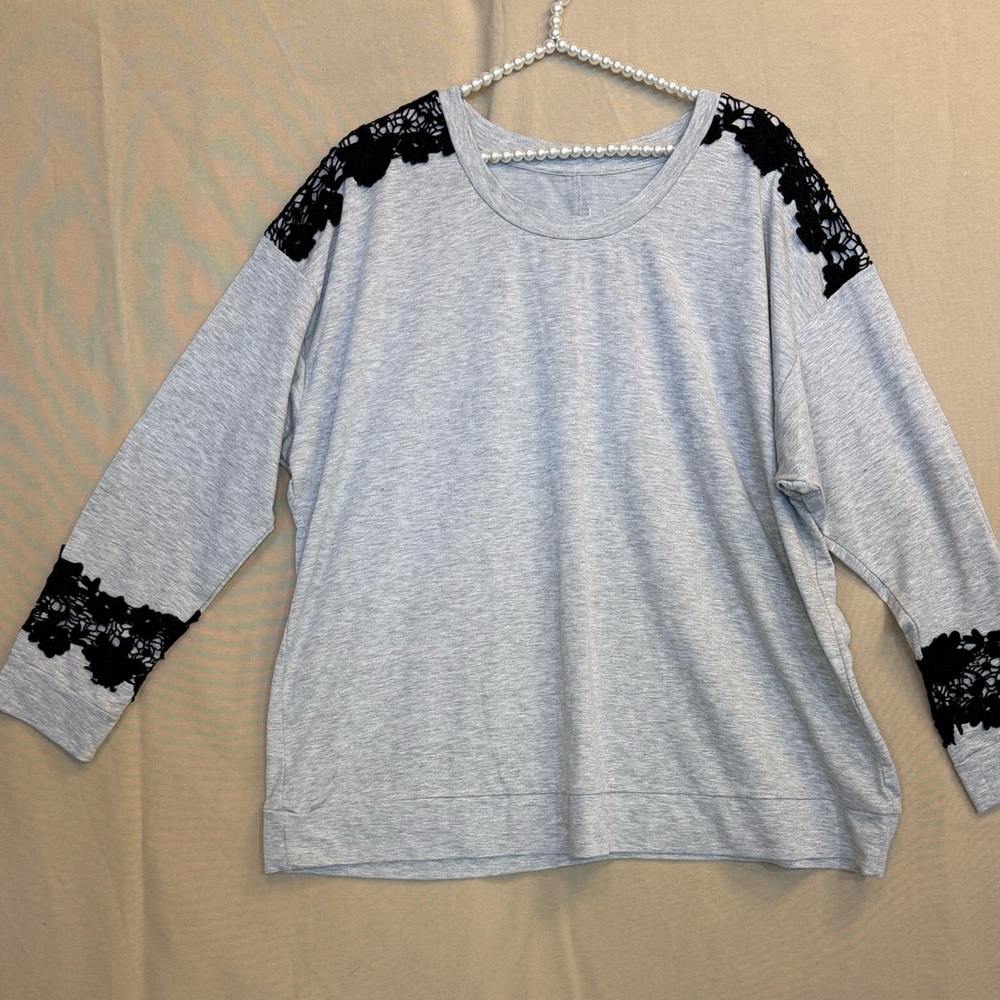 Livi Active Heather Gray Long Sleeve with Black Lace Detail